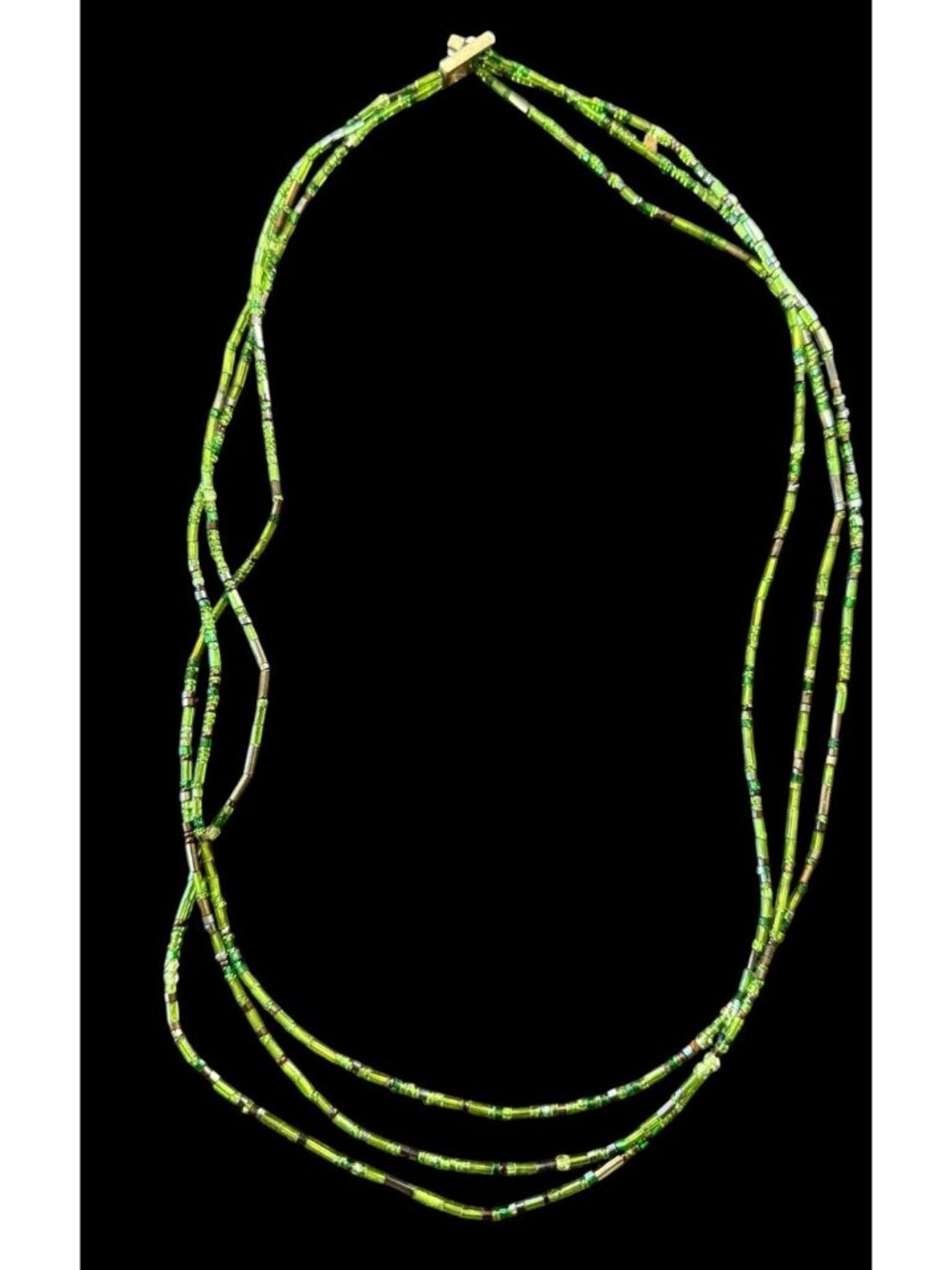 Dyrberg Kern Three Strand Necklace Green Glass Crystal Beads Silver Tone Clasp